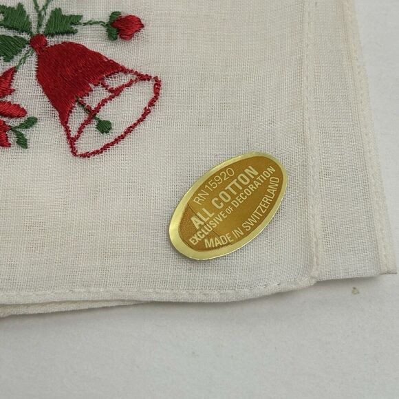VTG Poinsettia Hankie Christmas Embroidered Handkerchief Linen Switzerland - Picture 2 of 4